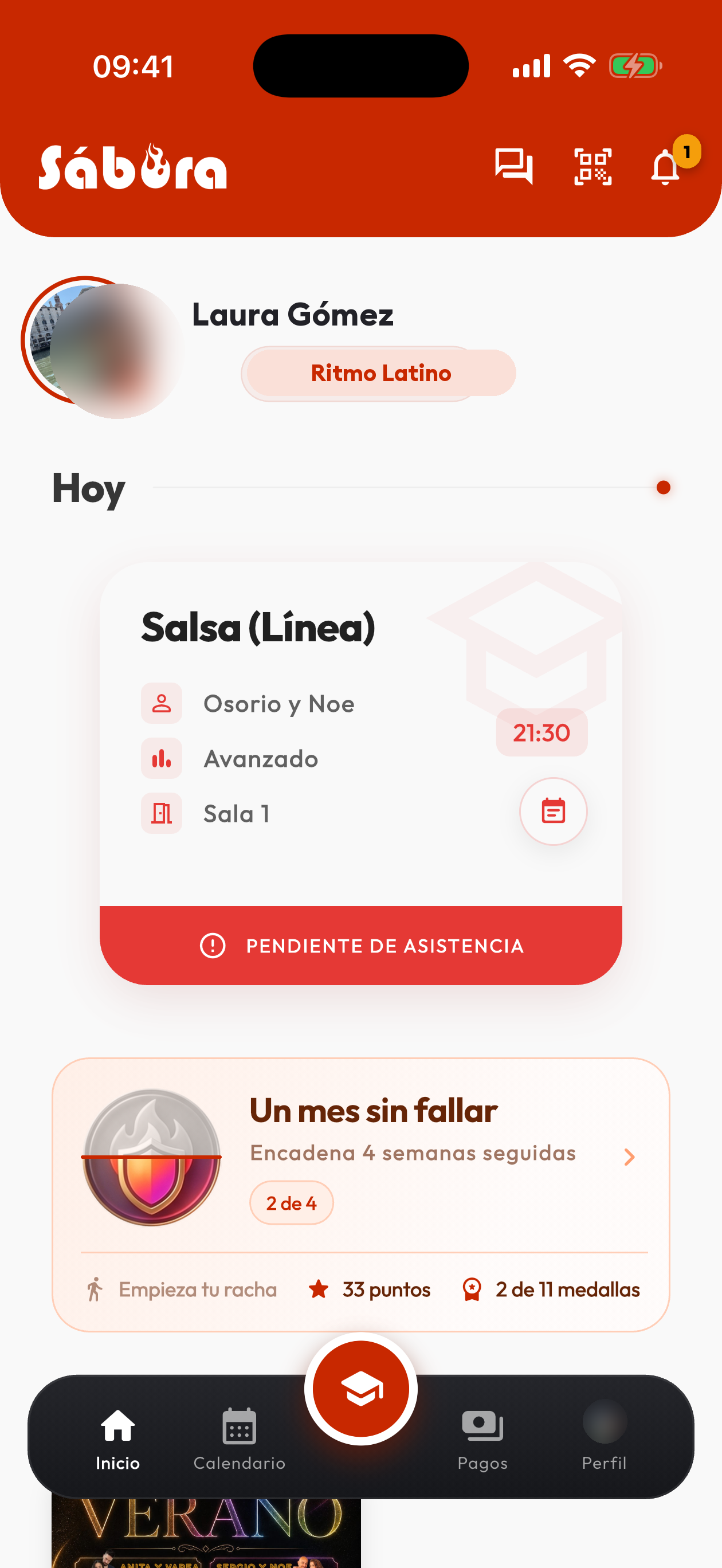Pantalla de inicio de la app Sabora con la clase de hoy