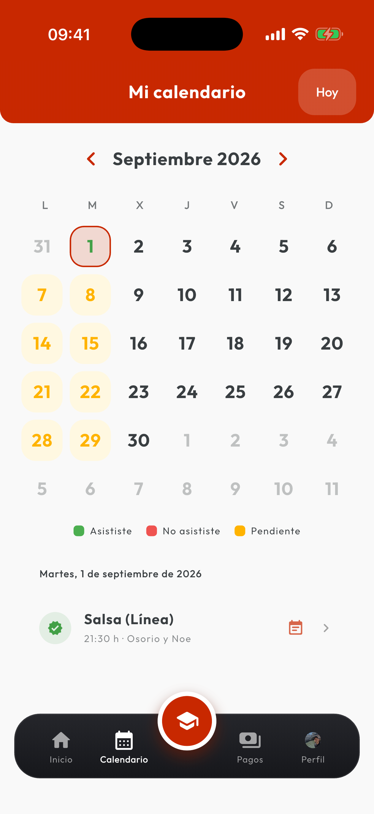 Calendario mensual de clases de baile en la app