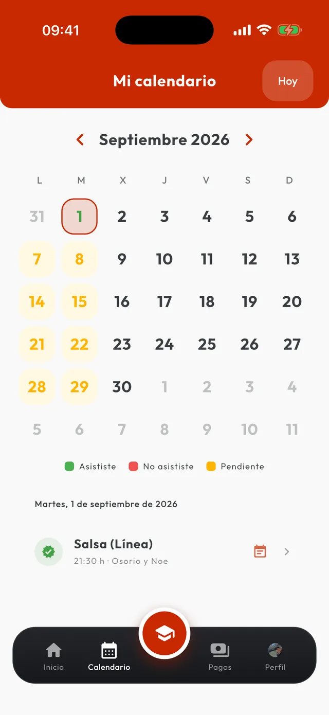 Calendario mensual de clases de baile en la app