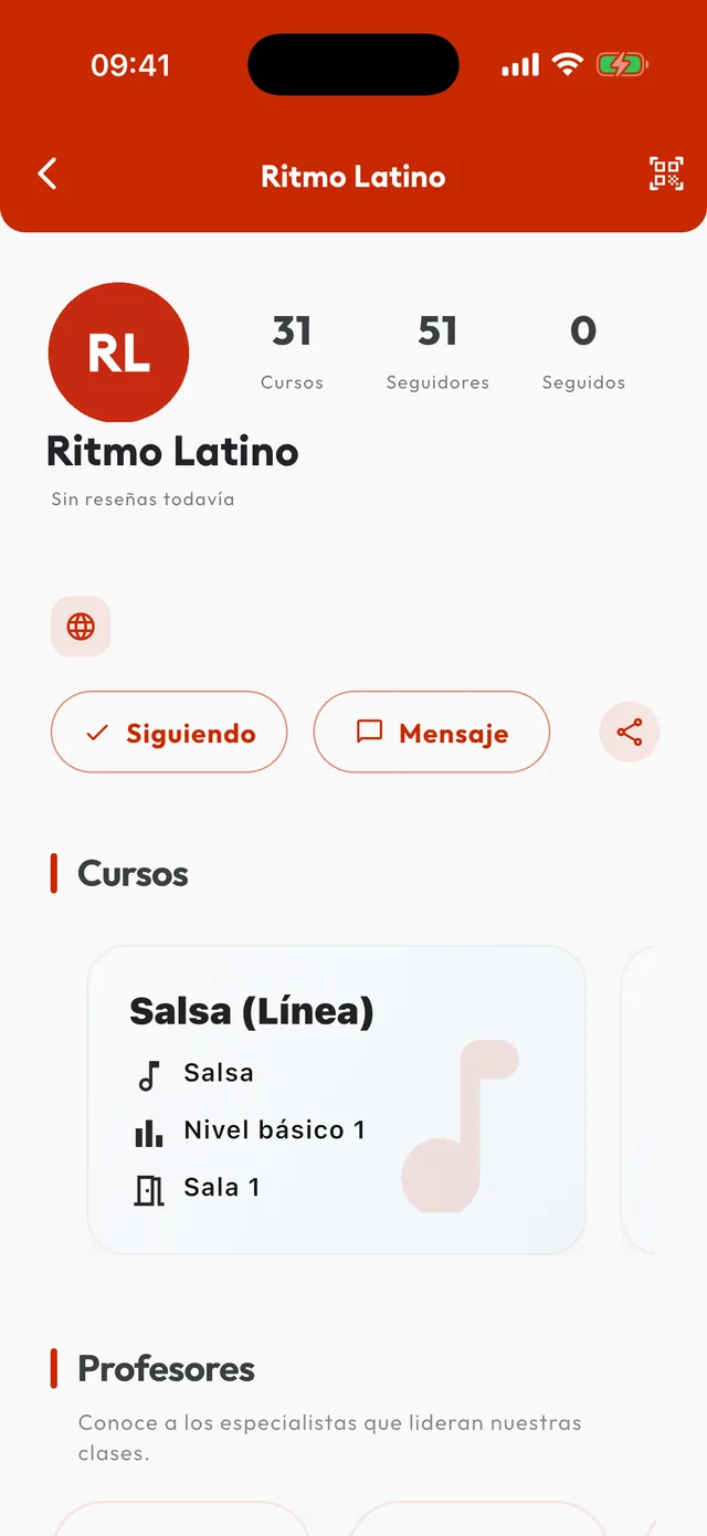Perfil de la academia de baile en la app con cursos y profesores