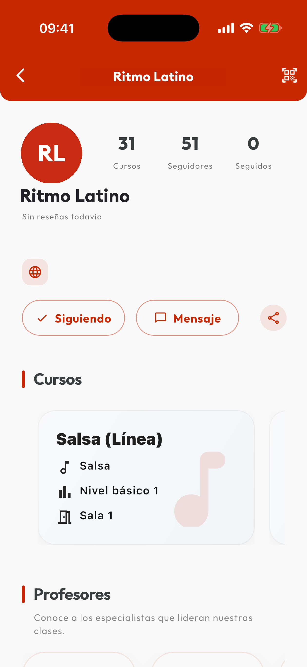 Perfil de la academia de baile en la app con cursos y profesores
