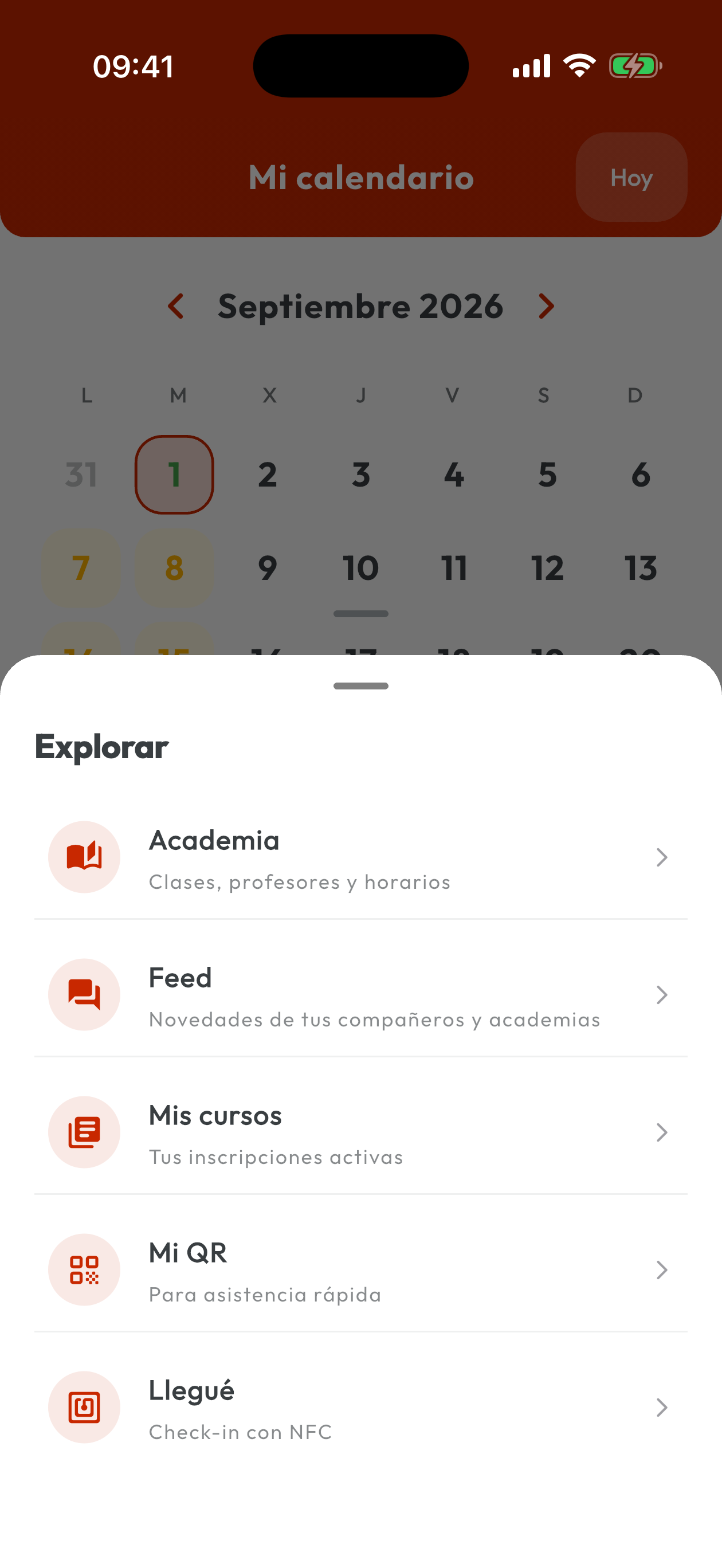 Menú explorar de la app con academia, feed, cursos, QR y NFC